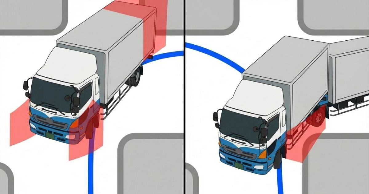 旋回時の外側はみ出しと後部振り出しを示す軌跡図