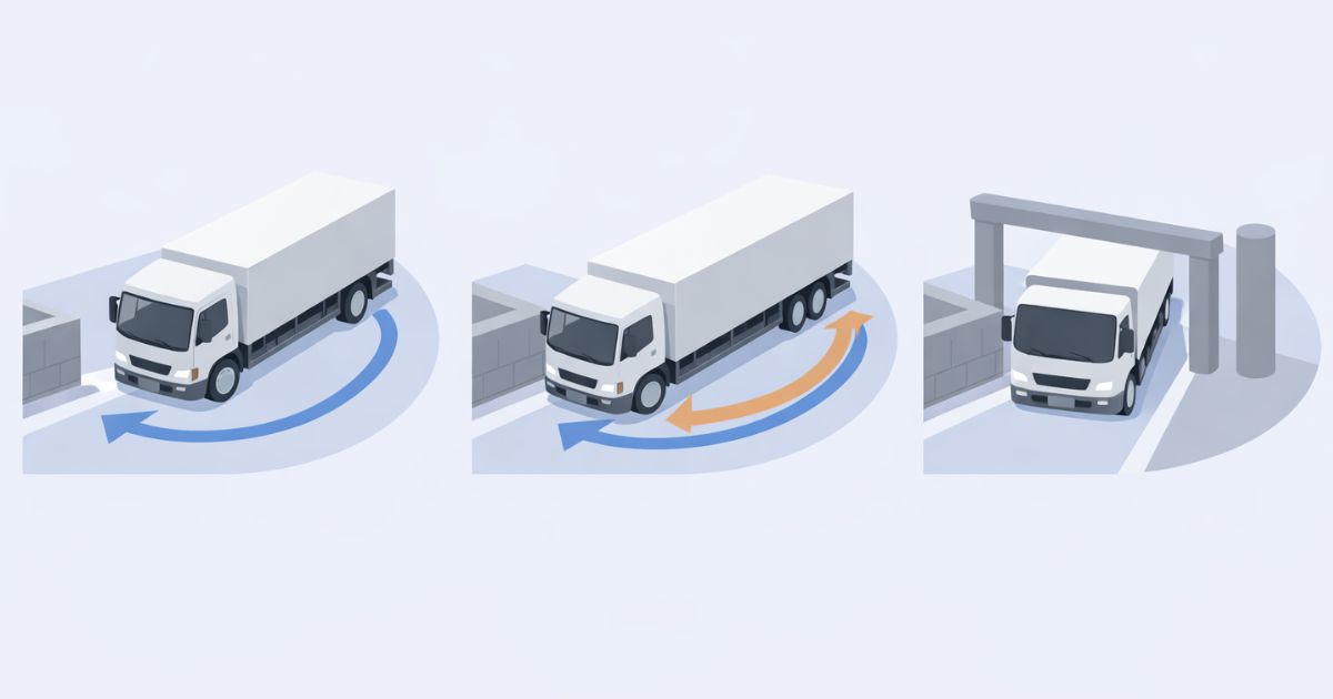 標準ロングワイドで軌跡の違いを比較した4tトラックの図解