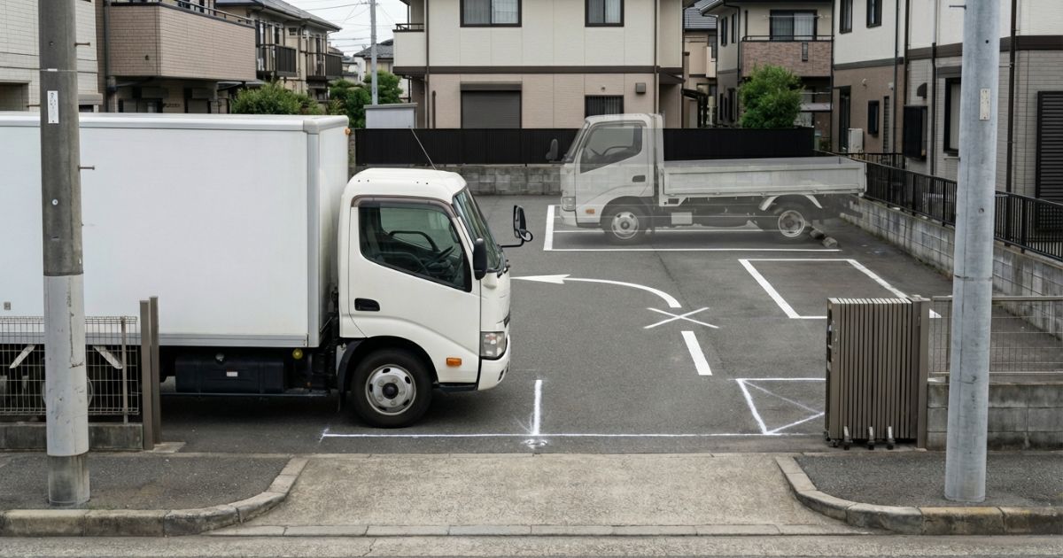 4tトラックの全長が現場の停止位置や切り返し余地に影響する様子を示す写真風イメージ