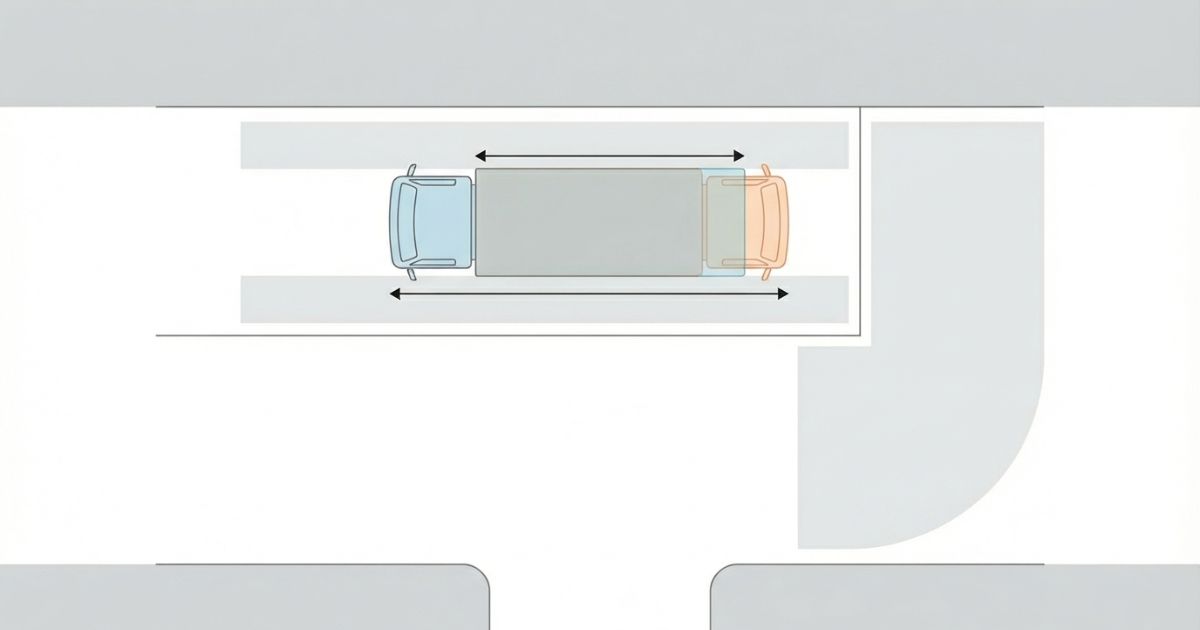 入口から停止位置までの導線と切り返し点を基準に全長を照合する考え方を示す図解