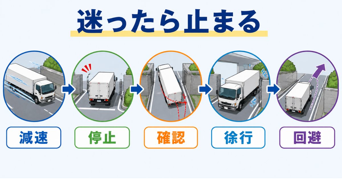 4tトラックで狭い道に入る前に減速停止確認徐行回避の順で判断する流れを示す図解