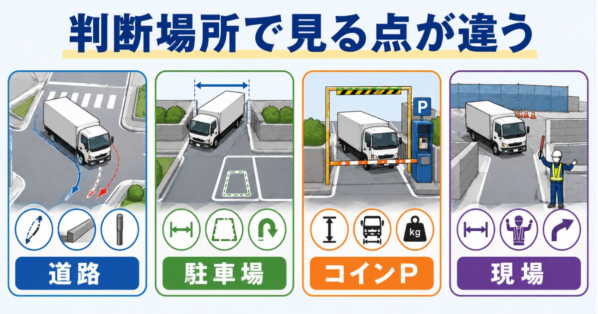 4tトラックの道路駐車場コインパーキング現場進入で見る点の違いを整理した図解
