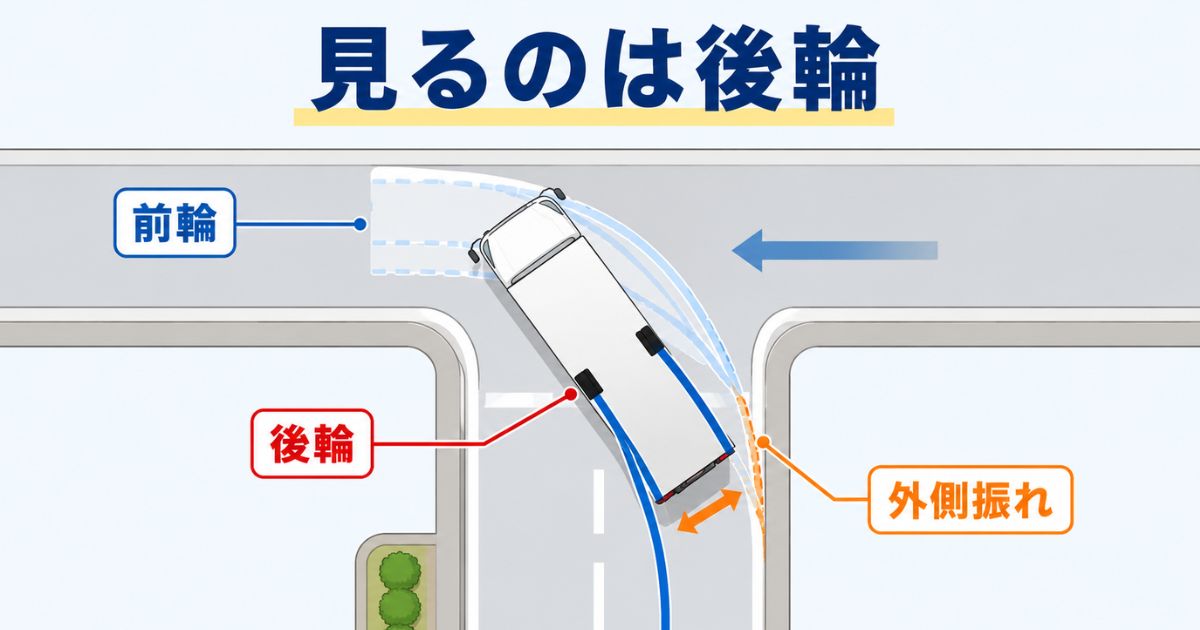 4tトラックの左折時に前輪ではなく後輪の通過ラインを見ることを示す図解