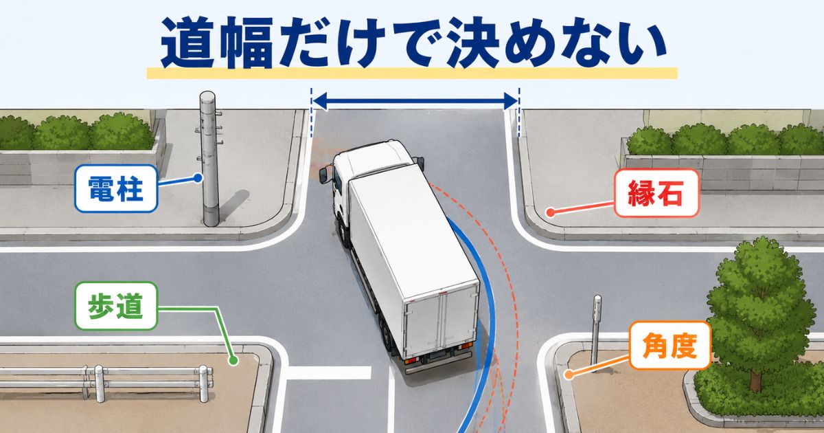 4tトラックが曲がれるかは道幅だけでなく縁石や電柱や歩道でも変わることを示す図解