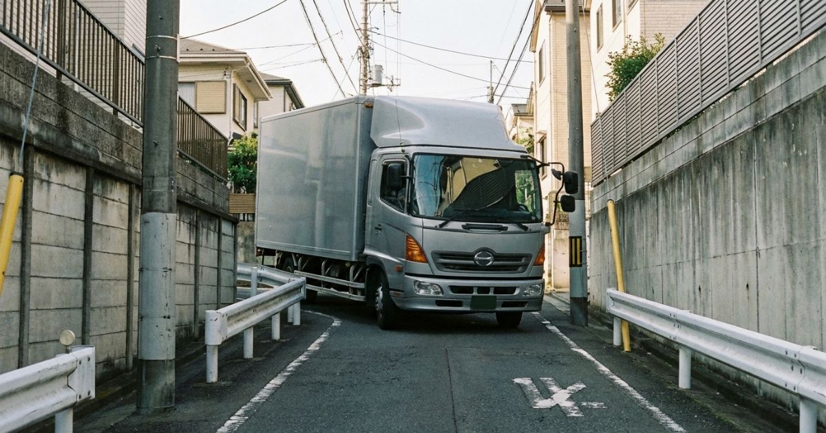 狭めの道路を慎重に走る4tトラックの写真風イメージ