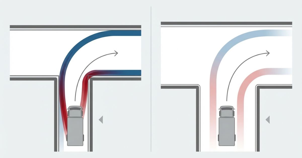 道幅の余裕と曲がりやすさの関係を示す文字なし図解