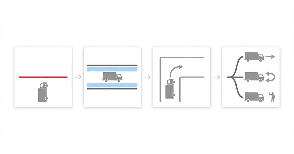 進入前に幅と角を確認して判断する手順を示す文字なし図解