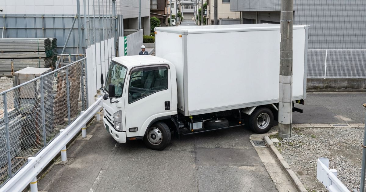 狭い交差点で4tトラックが慎重に進入する現場イメージ