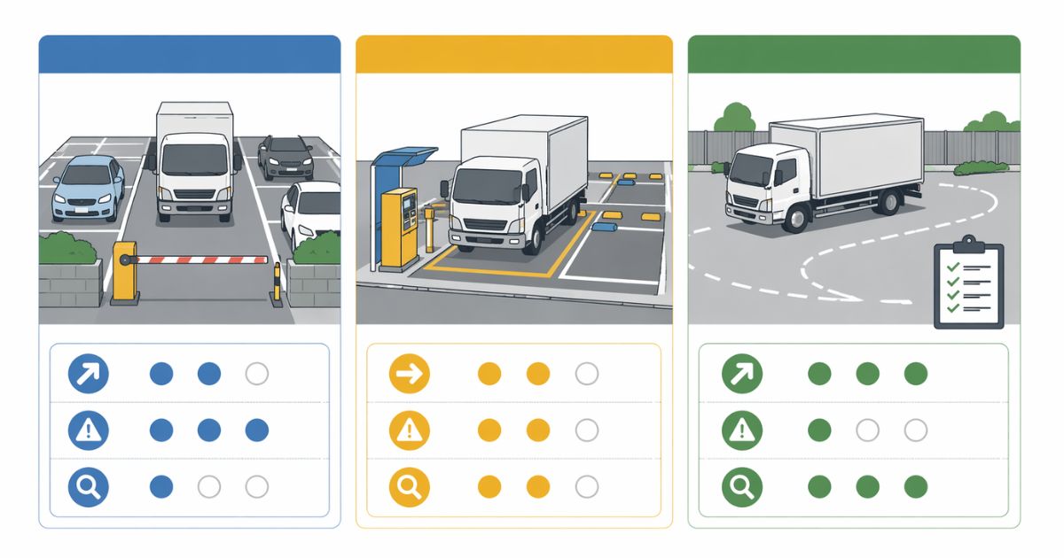 4tトラックの月極候補として一般月極・時間貸し・トラック専用の違いを比較した図解