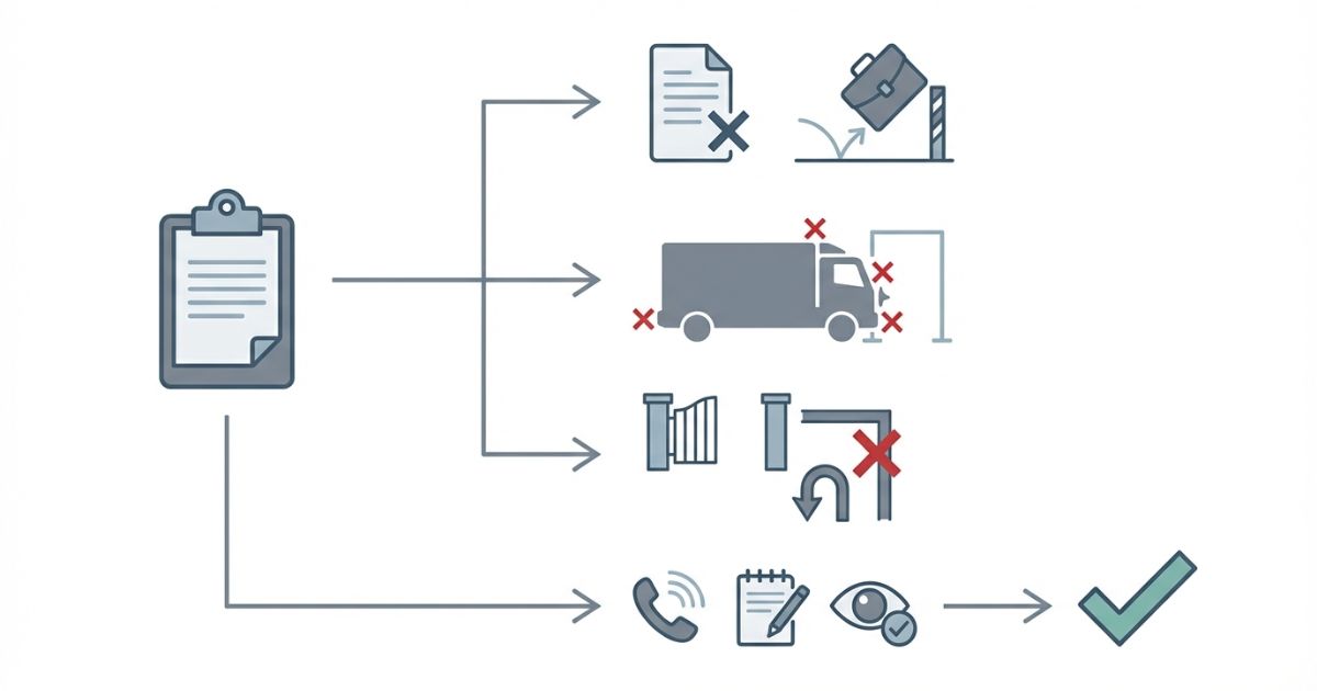 規約未確認や条件未提示や動線未確認で契約後トラブルになる分岐と回避の流れを示す文字なし図解