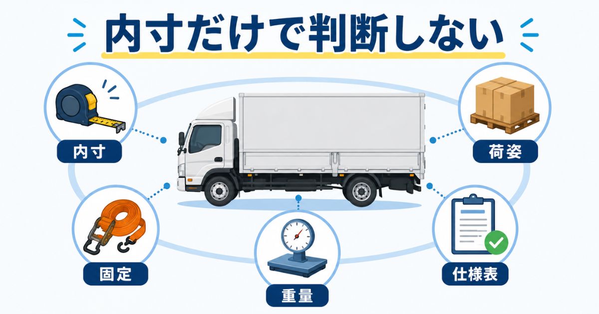 4tトラックの内寸だけで判断せず荷姿や固定や重量や仕様表確認まで見る必要があることを示した図解