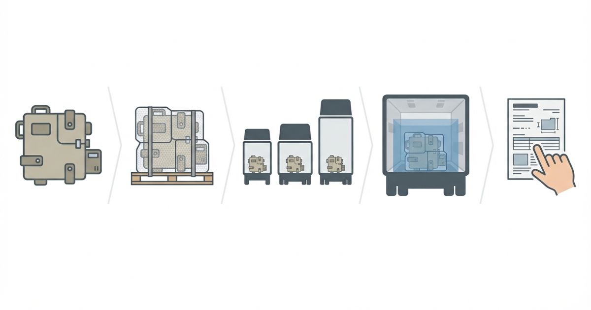 荷物外形寸法と荷姿を揃えて有効内寸で照合する見積り手順の図解