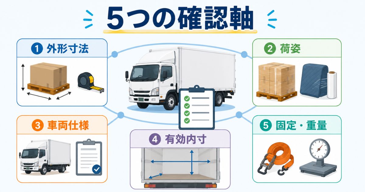 4tトラックの内寸判断で外形寸法や荷姿や車両仕様や有効内寸や固定重量を確認する流れを示した図解