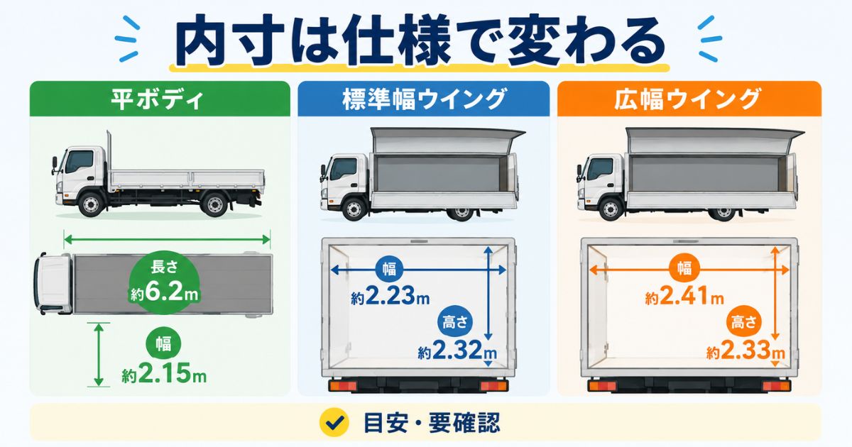 4tトラックの平ボディと標準幅ウイングと広幅ウイングで内寸目安が変わることを比較した図解