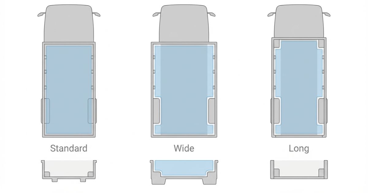 4tトラックの標準・ワイド・ロングや架装の違いで内寸条件が変わることを示す図解