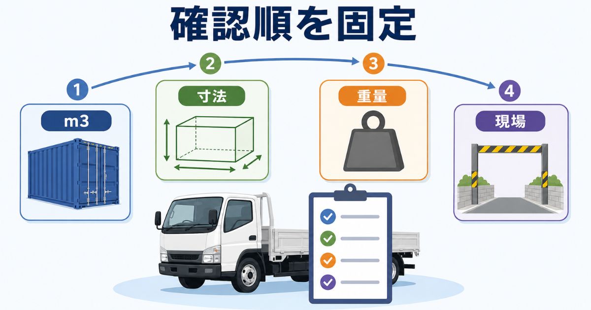 4tトラックの立米判断でm3・寸法・重量・現場条件を順番に確認する図解