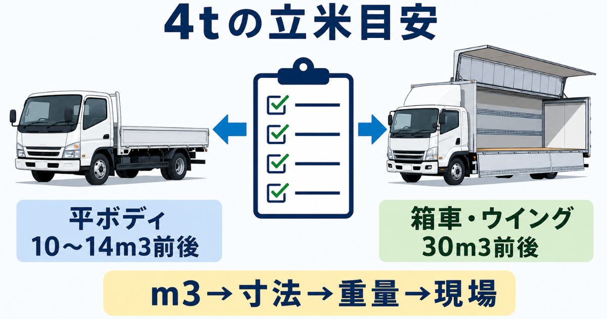 4tトラックの平ボディと箱車・ウイング車の立米目安を比較したアイキャッチ図解