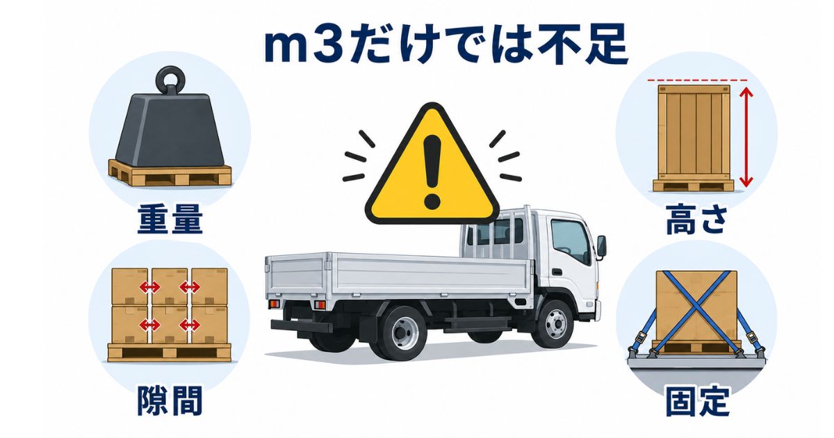4tトラックで立米だけでは判断できない重量・高さ・隙間・固定の注意点を示す図解
