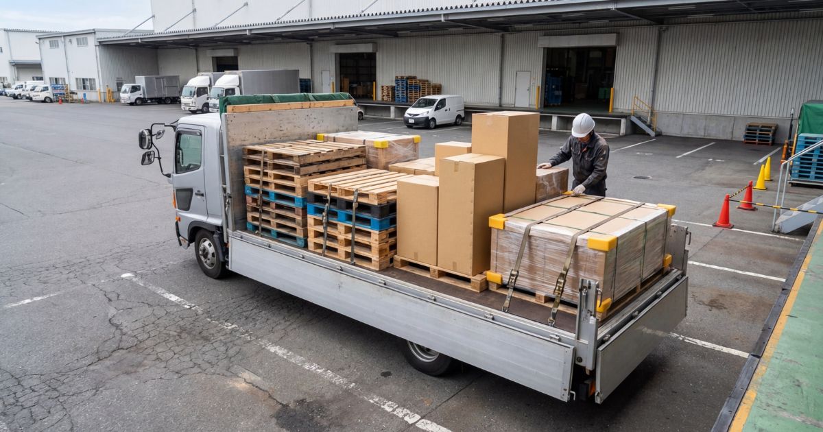 4tトラックの荷台で固定と高さ確認をしている現場イメージ