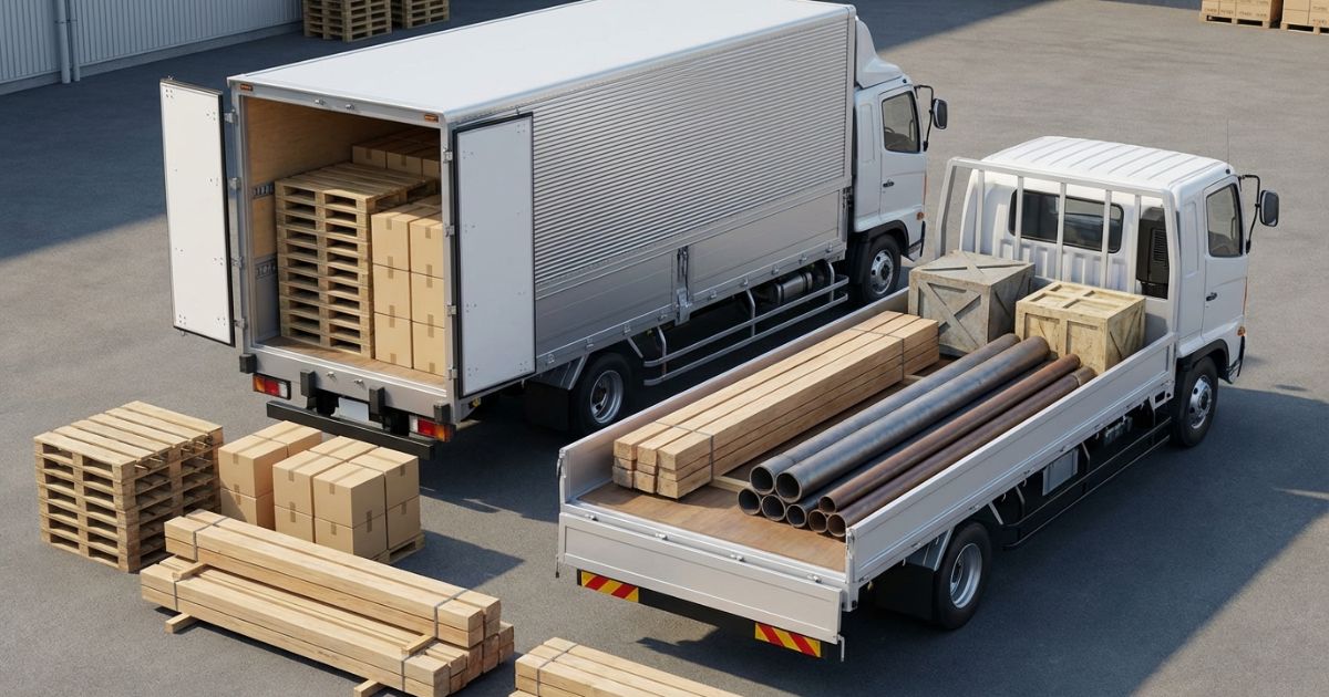 4tトラックの平ボディと箱車で荷台の使い方と制約が異なることを示す全体イメージ