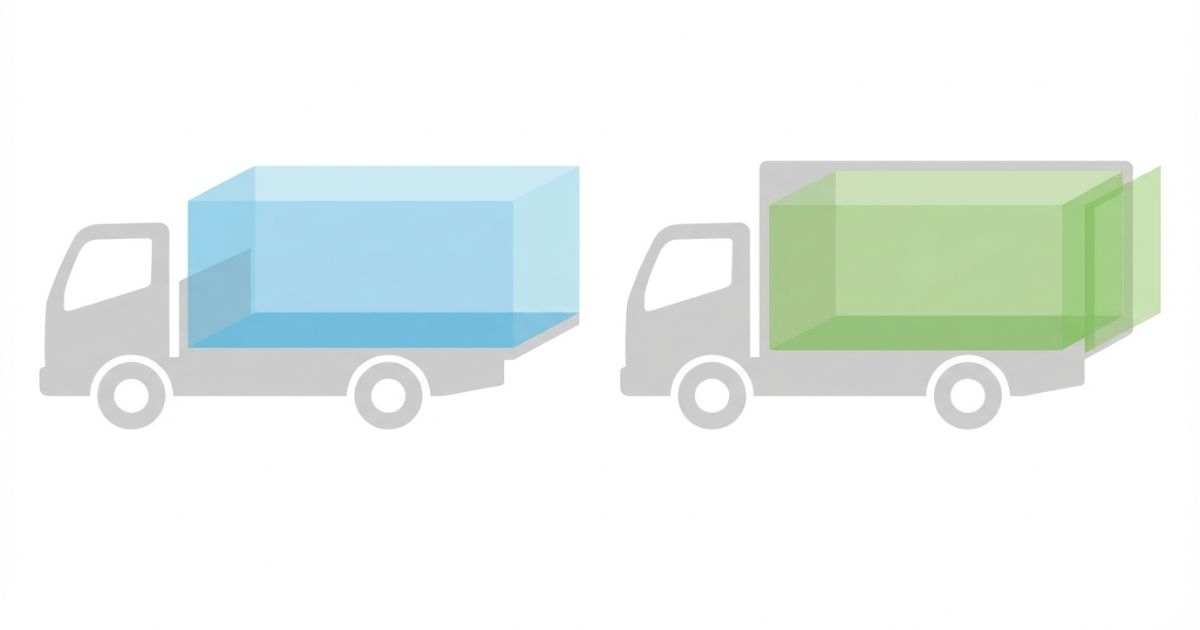 4tトラックの平ボディは床面寸法、箱車は内寸と開口で判断する違いを示した図解