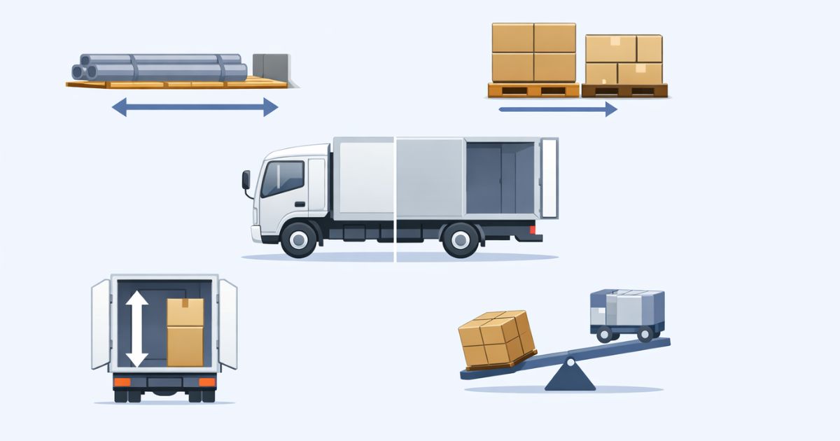 4tトラックの荷台寸法を判断する長さ・幅・高さ・重量の確認軸を整理した図解