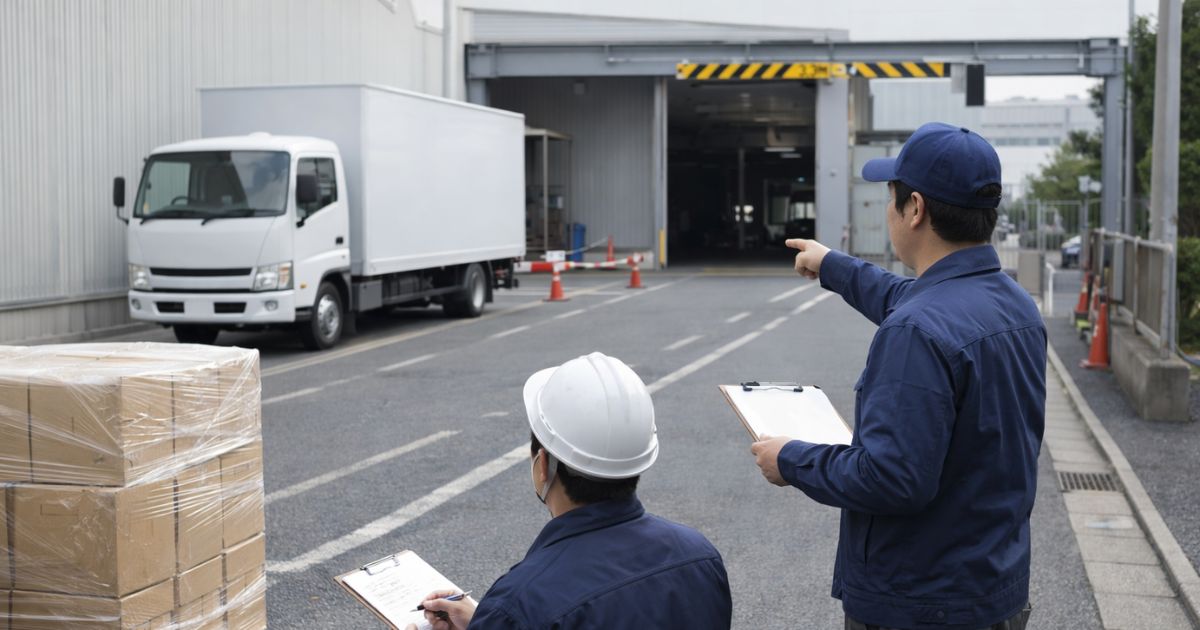 4tトラックの進入路や荷物条件を現場で確認している実務イメージ