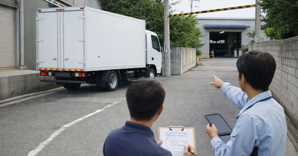 4tトラックの進入路と現場条件を確認している実務イメージ