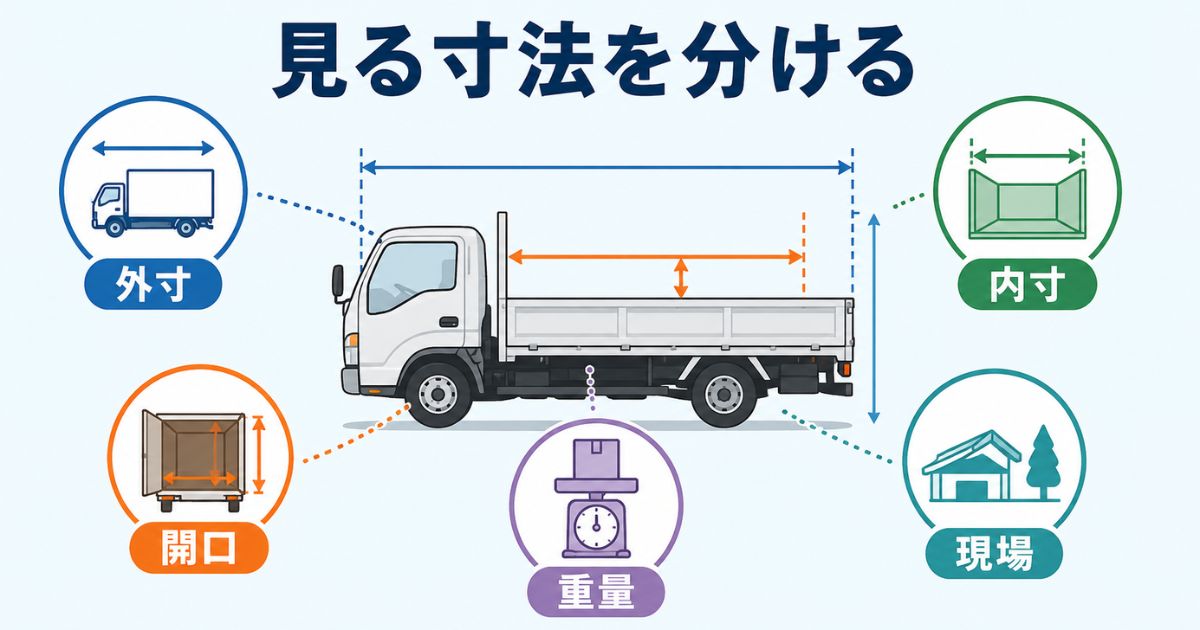 4tトラックの荷台寸法図で外寸・内寸・開口・重量・現場条件を分けて確認する流れを示す図解