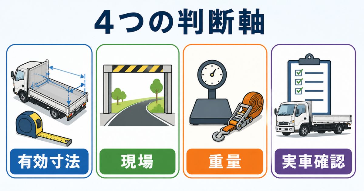 4tトラックの荷台寸法図を有効寸法・現場・重量・実車確認の4つの判断軸で整理した図解
