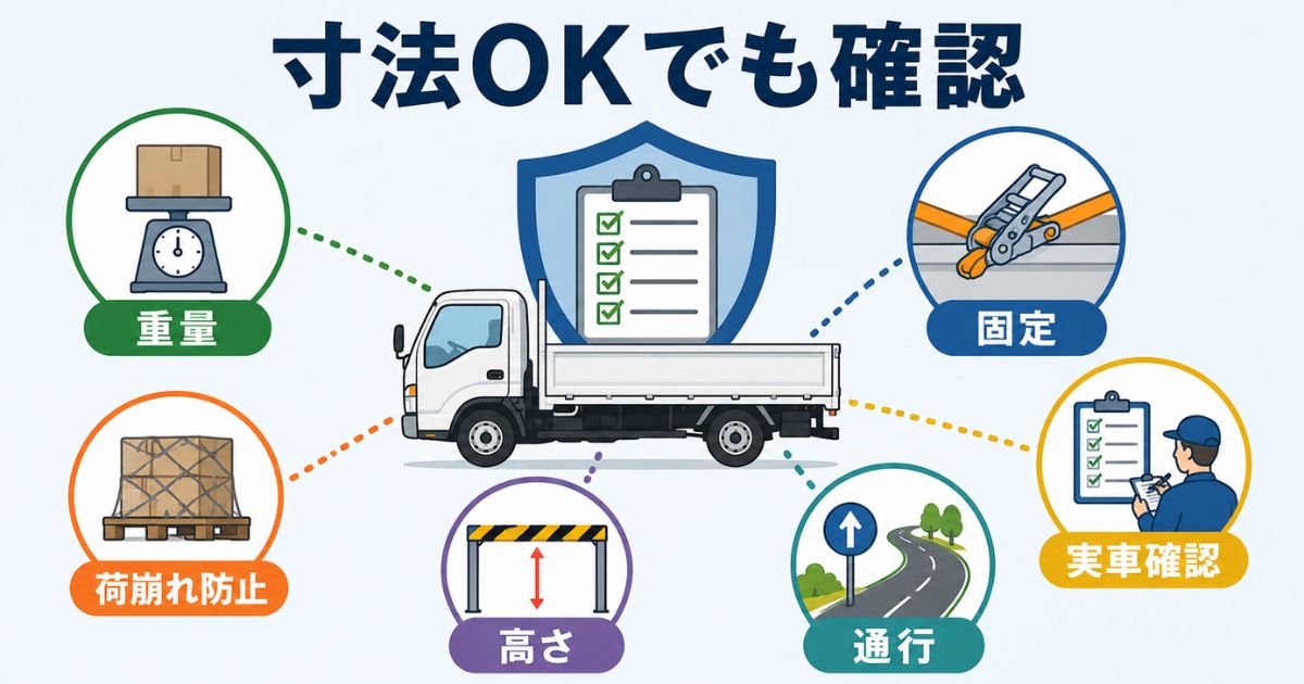4tトラックの荷台寸法が足りても重量・固定・高さ・通行条件の確認が必要なことを示す図解