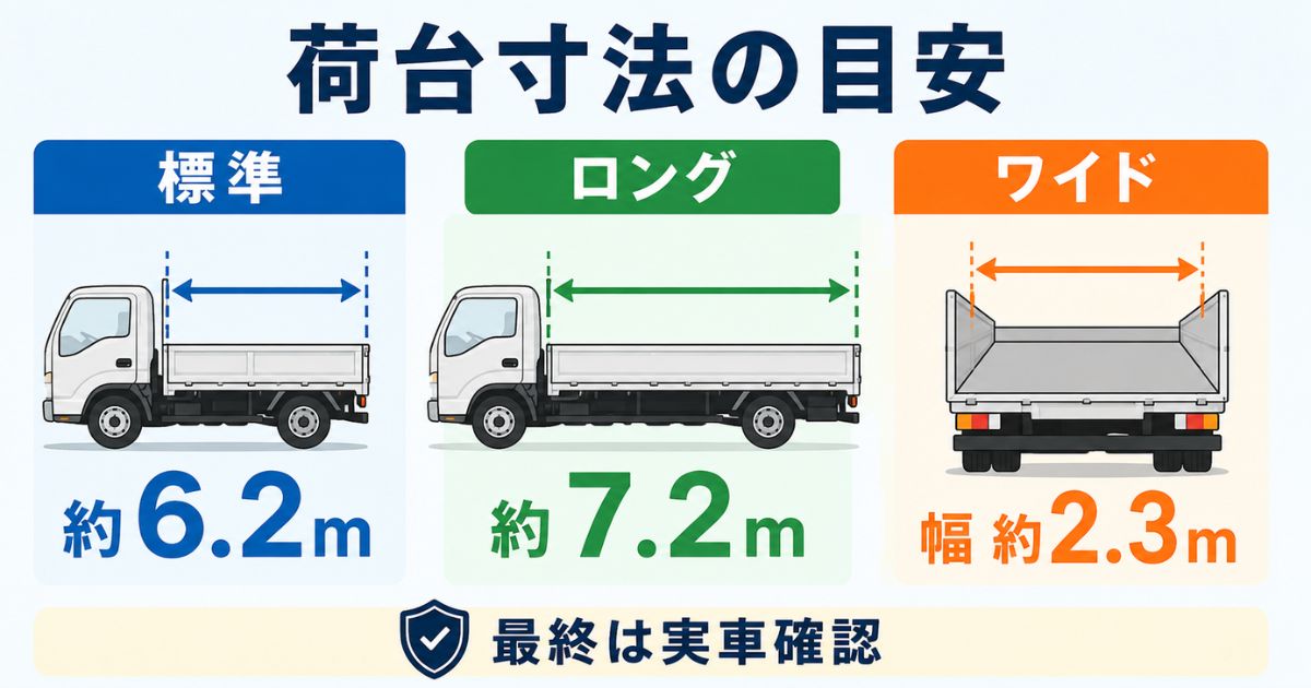 4tトラックの標準・ロング・ワイドで荷台長や荷台幅の目安が違うことを比較した図解