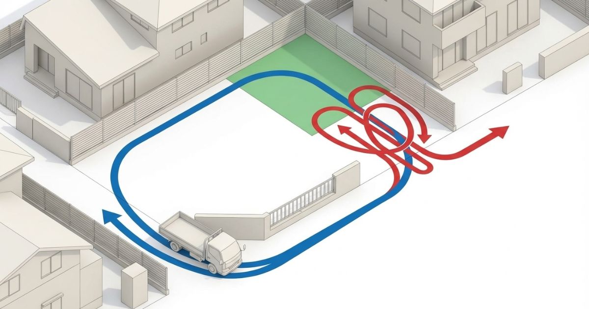 入口から退出まで4tトラックの確認順が分かる現場導線イメージ