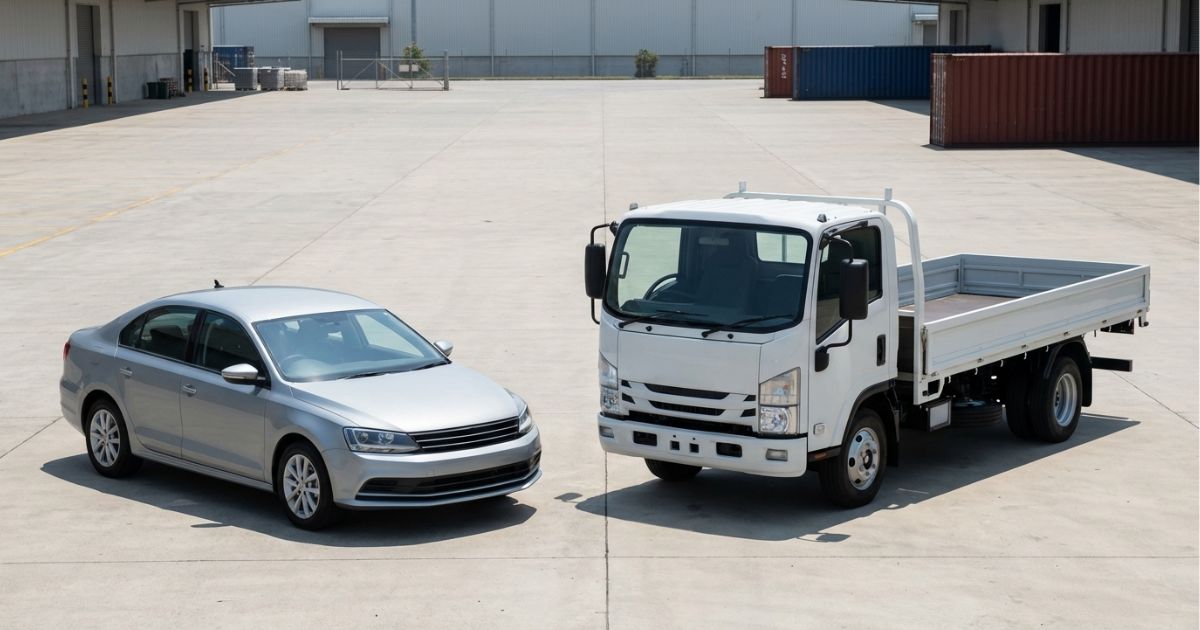 4tトラックと乗用車を並べて大きさの違いが分かる比較イメージ