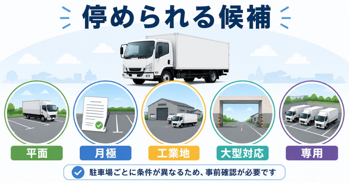 4tトラックが停められる候補として平面や月極や工業地や大型対応や専用駐車場を整理した図解