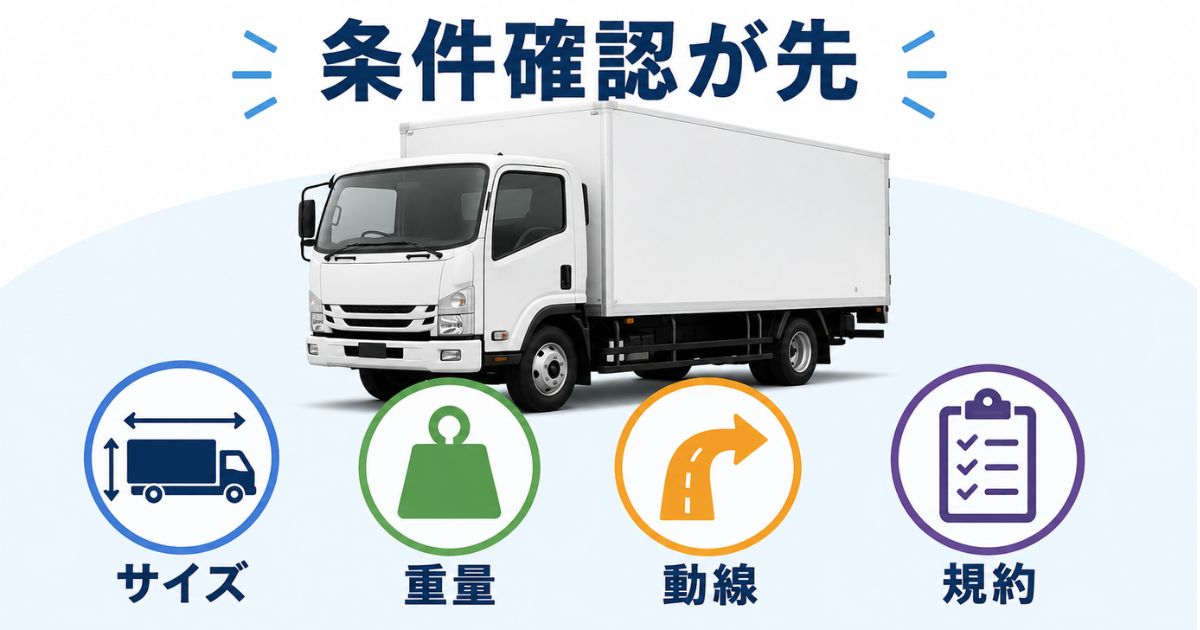 4tトラックの駐車場探しではサイズや重量や動線や規約の条件確認が先であることを示す図解