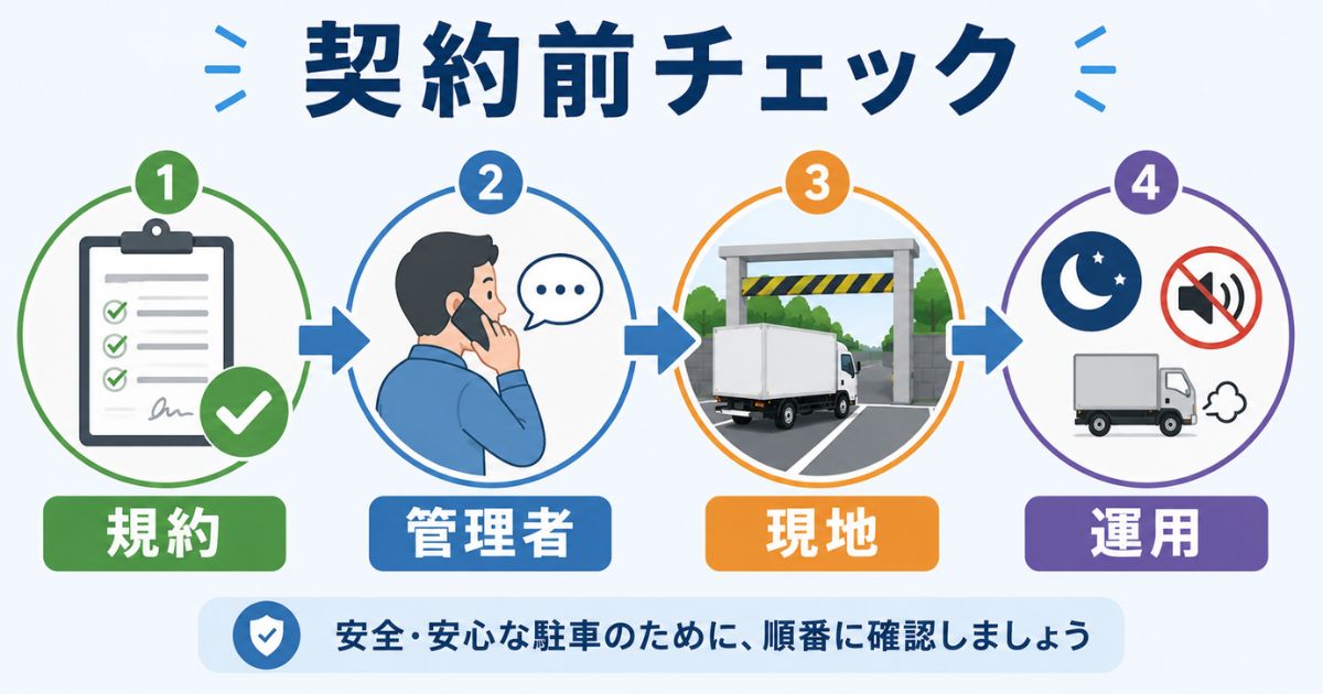 4tトラックの駐車場を契約前に規約や管理者確認や現地確認や運用ルールの順で確認する図解