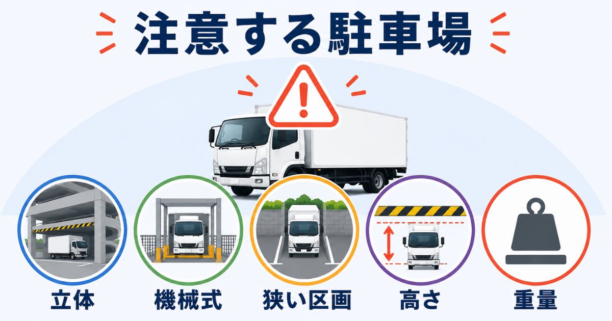 4tトラックが停めにくい立体駐車場や機械式駐車場や狭い区画や高さ重量制限を示す図解