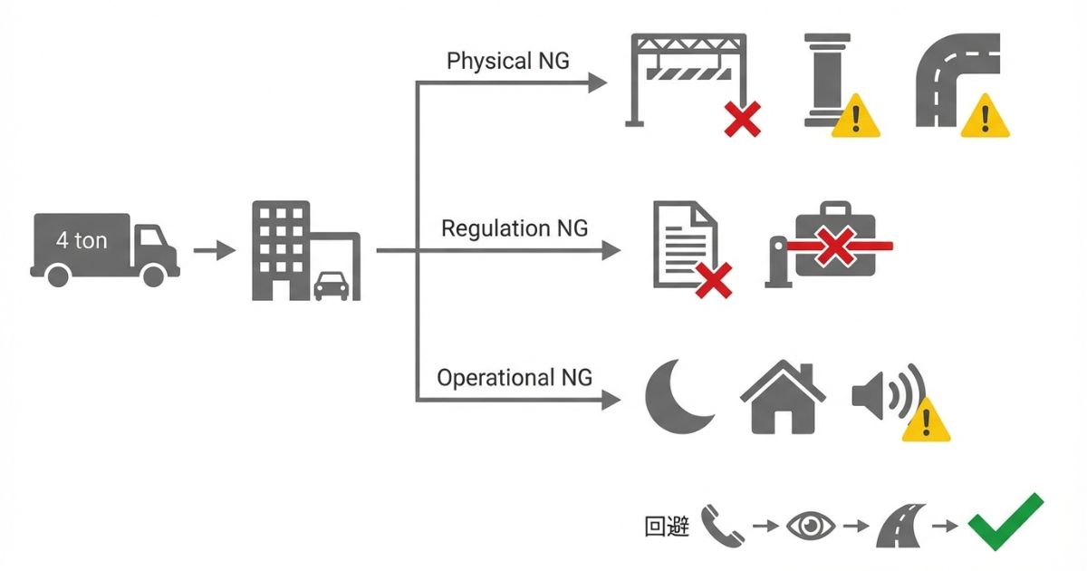 高さや動線などの物理条件と規約と夜間運用などの見落としで駐車トラブルになる分岐を示す文字なし図解
