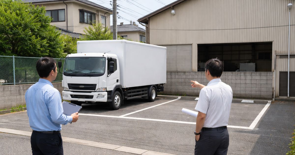 4tトラックの駐車候補地で出入口や区画を現地確認している実務イメージ