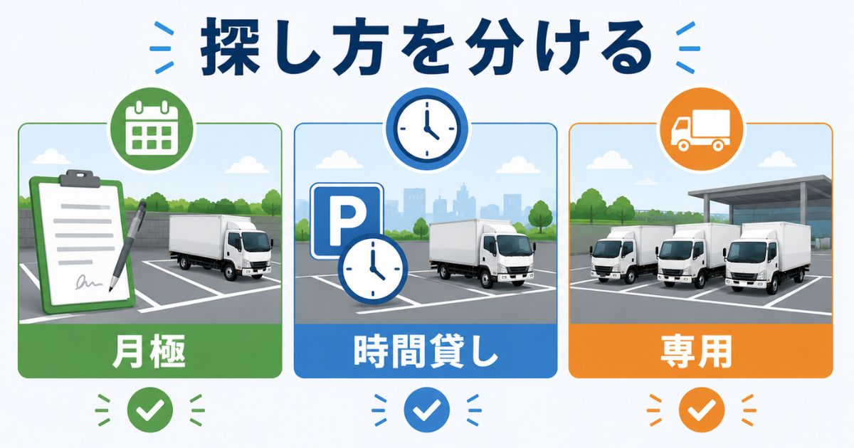 4tトラックの駐車場探しを月極と時間貸しと専用に分けて比較する図解