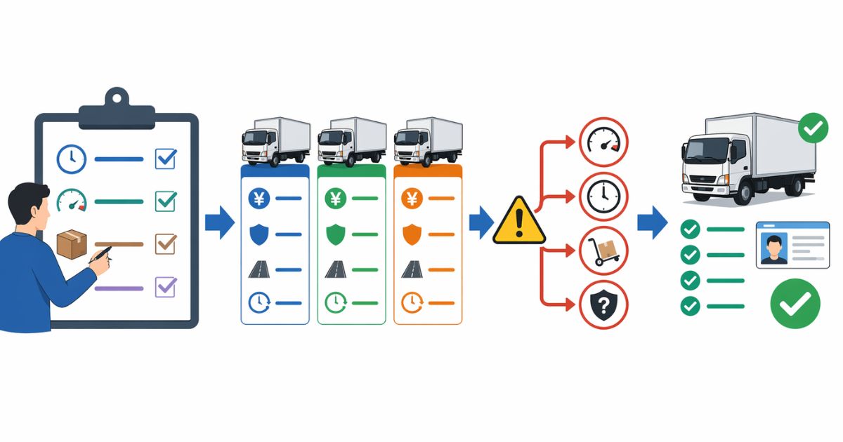 4tトラックの格安レンタカーを条件込み総額で比較して手配する流れを示す図解