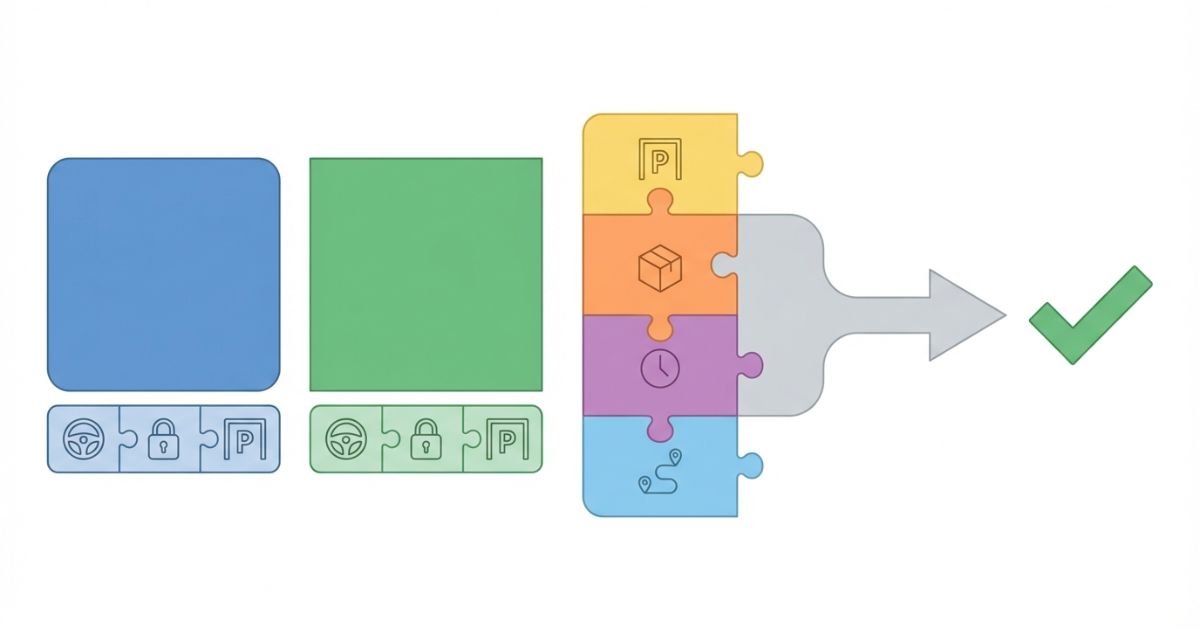 4tトラックは条件付きで借りられレンタカーとレンタルは用途と条件を固定して照合する判断軸を示す文字なし図解