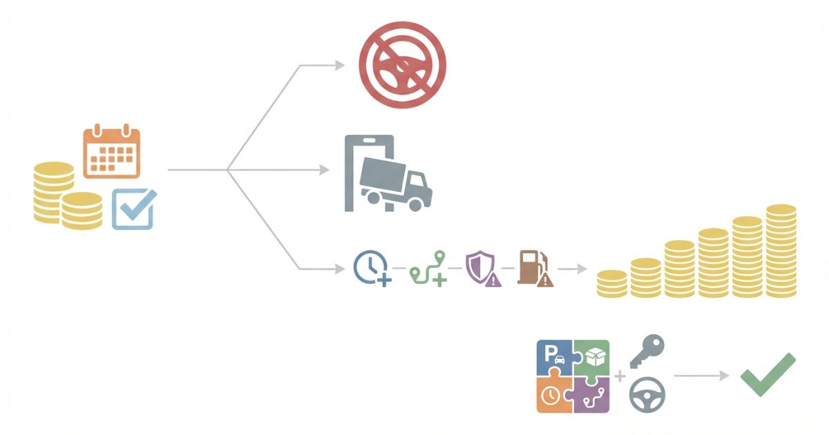 料金と空きだけで決めると条件不一致で借りられない現場で成立しない追加費用が起きる分岐を示す文字なし図解