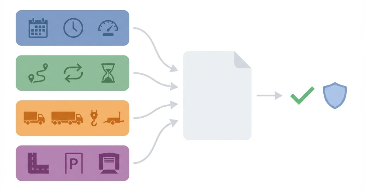 4tトラックレンタルの判断軸(借り方・運用条件・仕様・現場条件の整理)を示す文字なし図解