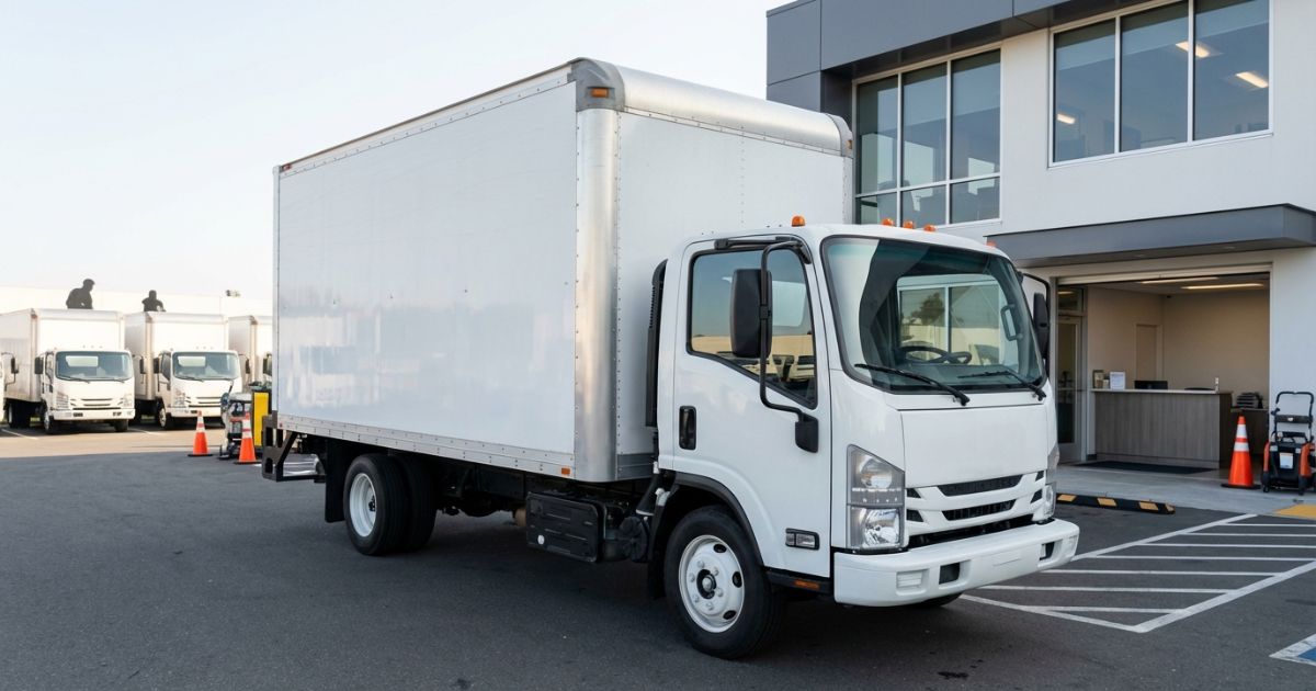 4tトラックのレンタル受け渡しエリアで車両の存在感が伝わる写真