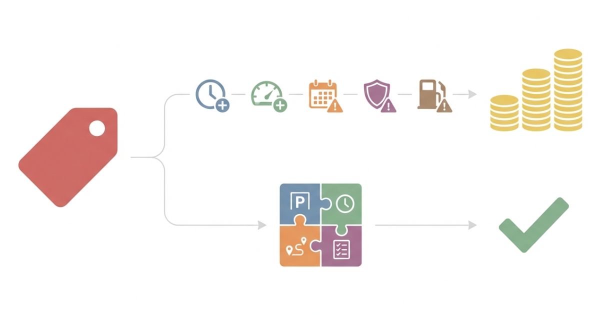 4tトラックのレンタル料金が1日制時間制距離制の違いで変わる判断軸を示す文字なし図解
