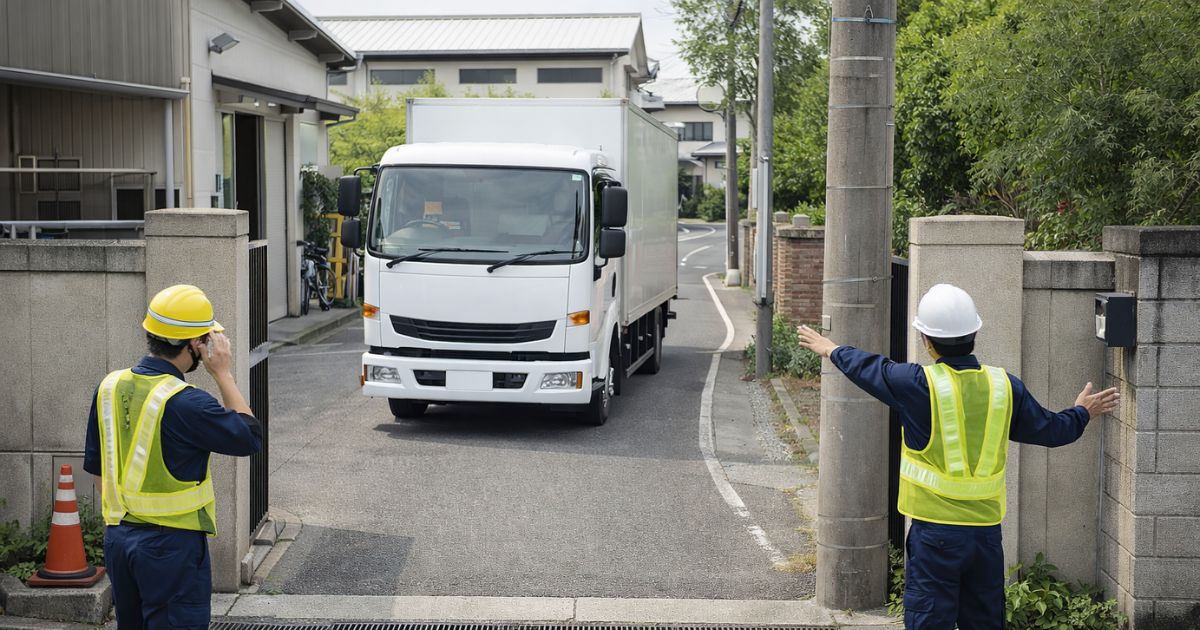狭い現場で4tトラック進入前の誘導と安全確認をしているイメージ
