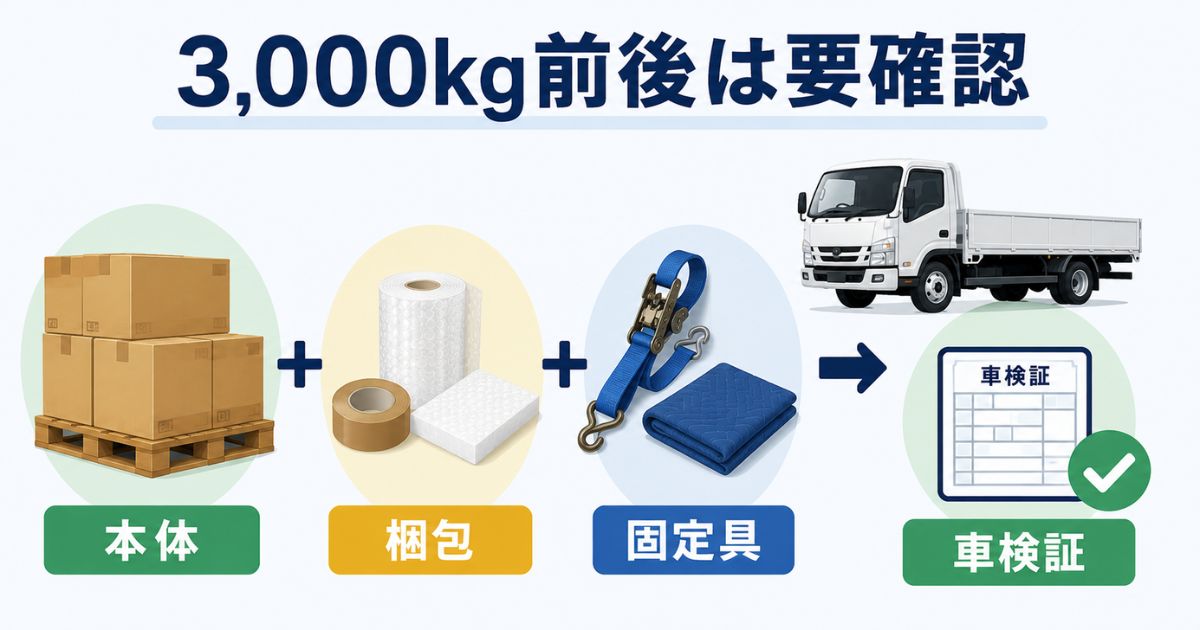 3,000kg前後の荷物を4tトラックで運ぶ前に本体重量や梱包材を確認する図解
