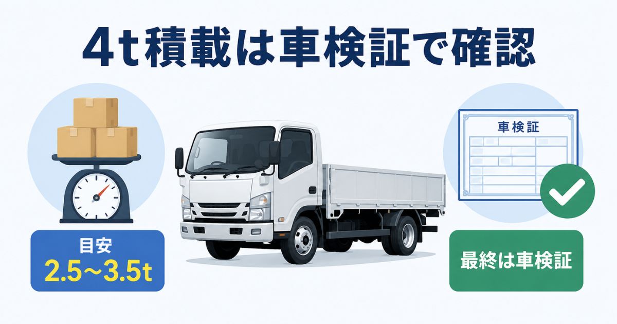 4tトラックの積載量は2.5〜3.5t前後を目安に車検証で確認することを示す図解